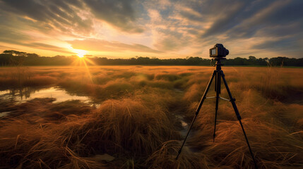 Naklejka premium Camera with Tripod in a Paddy Field during Golden Hour - Generative AI 