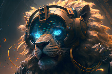 A lion wearing a helmet with blue eyes and a glowing blue light.