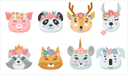 Animal heads in flower crowns set. Cute vector illustration for children design, poster, birthday greeting cards.