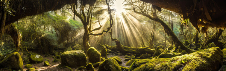Enchanting ancient grove with gnarled, moss-covered trees and sunbeams streaming through the dense canopy – a captivating, emotion-stirring sight. Generative AI