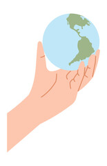 Vector isolated Human hand holding the Earth. The concept of nature and environment protection, save the planet.
