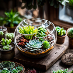 Succulents planted in a terrarium. Generative AI