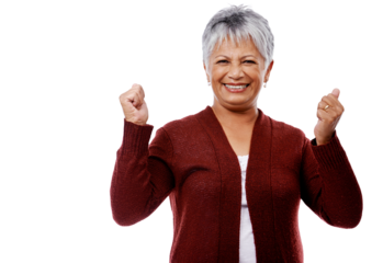 Happy, senior woman and portrait of celebration, announcement or excited for news or offer png. Elderly person, face and smile for success or winning in retirement on isolated, transparent background