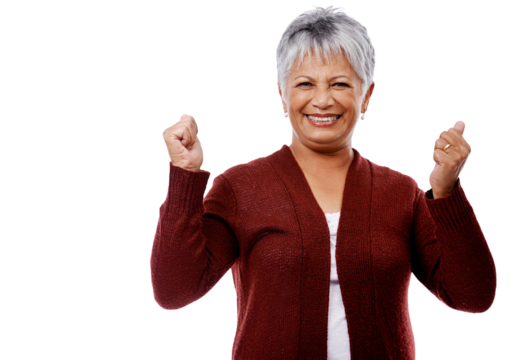 Happy, senior woman and portrait of celebration, announcement or excited for news or offer png. Elderly person, face and smile for success or winning in retirement on isolated, transparent background