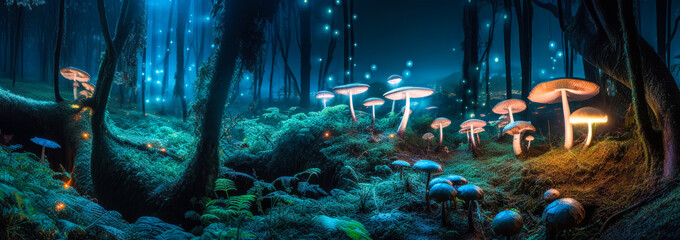 Captivating bioluminescent forest scene with glowing mushrooms and plants, casting an ethereal glow on the enchanting nocturnal landscape. Perfect for evoking wonder and emotions. Generative AI