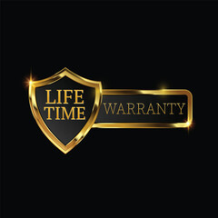 lifetime warranty logo with golden shield and golden ribbon.Vector illustration.