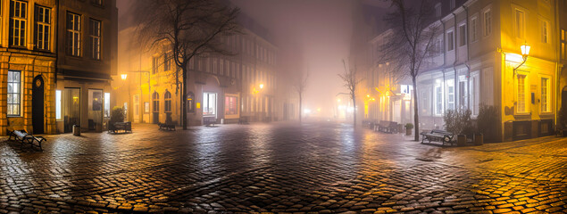 Fototapeta na wymiar Captivating misty cityscape at night, warm streetlight glow reflected on cobblestone streets & historic buildings, sparking emotional connection. License now! Generative AI