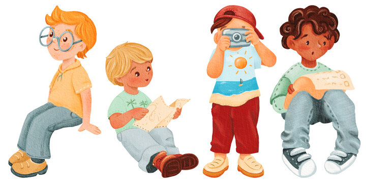 A set of cartoon boys in different poses. red-haired kid sits. teen takes pictures. dark-skinned son looks at the todolist. blonde tourist is sitting with map. Watercolor isolated illustration.