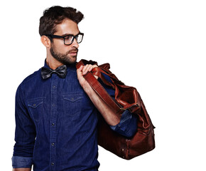 Isolated business man, bag and luggage for travel, think or retro fashion by transparent png...