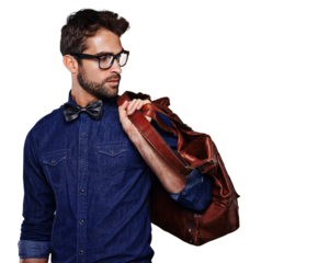 Isolated business man, bag and luggage for travel, think or retro fashion by transparent png background. Young businessman, model and vision for idea, leather satchel or vintage clothes for aesthetic