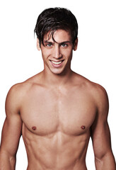Fototapeta premium Portrait, muscle and man with cosmetics, self care and bodybuilder isolated against a transparent background. Face, male person or model with confidence, fitness and dermatology with png and grooming