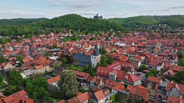 Drone shot of Wernigerode . It is a town in the Harz district of central Germany