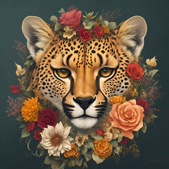 Portrait of a cheetah with flowers, created with Generative AI.
