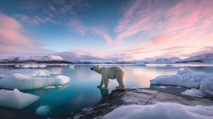 photography polar bear is walking on ice water with adorable colorful cloud view snowy mountains ai image generative