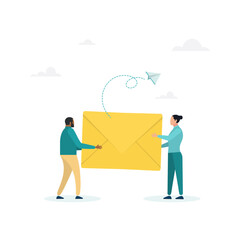 Vector illustration Men and women carry a large envelope. Email concept illustration, newsletter subscription, email marketing businesses. Vector in flat style
