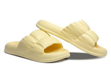 Beautiful fashion yellow sandals isolated on white background with clipping path. yellow women's...