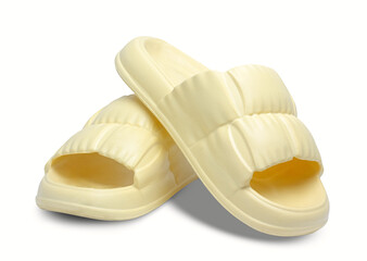 Beautiful fashion yellow sandals isolated on white background with clipping path. yellow women's...
