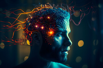 Profile of a male head connected by neurons to a computer processor server using connections abstract sci-fi concept, bionics and technology. Generative AI.