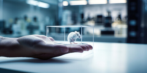 Intriguing image of a man's hand holding a lab mouse, with a scientist in white coat background - stirring emotions and illustrating animal experimentation in research. Generative AI