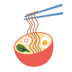 Bowl with delicious ramen, hand drawn illustration of chopsticks with noodles, ramen shop icon, Asian cuisine vector clipart, Japanese and Korean ethnic food, noodle soup with egg, fish cake, spinach