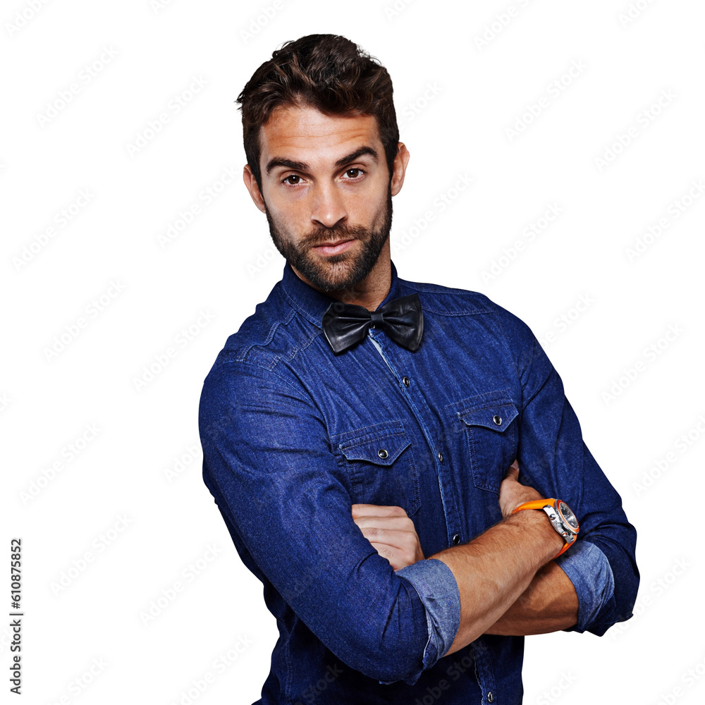 Poster man, face and portrait with arms crossed in confidence of a creative casual designer isolated on a t