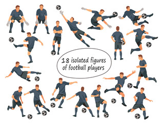 Fototapeta na wymiar 18 isolated figures of football players in black uniforms standing in the goal, running, hitting the ball, jumping