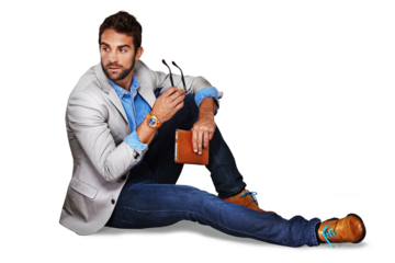 Floor, fashion and business man thinking isolated on transparent png background for startup project and notebook. Bookkeeping, notes and businessman, person or model in professional clothes on ground