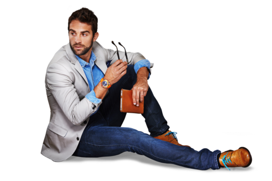 Floor, fashion and business man thinking isolated on transparent png background for startup project and notebook. Bookkeeping, notes and businessman, person or model in professional clothes on ground