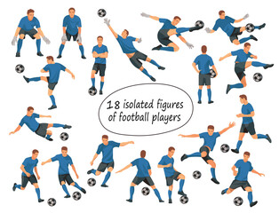 Fototapeta na wymiar Vector figures of football players and goalkeepers team in blue T-shirts in various poses training, running, jumping, grabbing the ball on a white background