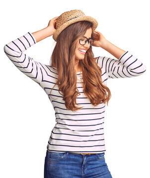Fashion, woman with smile isolated and against a transparent png background for trendy clothes. Casual or confident, cheerful and happy or excited female person pose for health wellness smiling