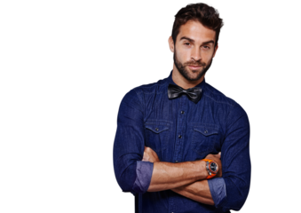Fashion, man and portrait with bowtie in isolated and transparent png background with style. Hipster, clothes and face with male person is confident or stylish with focus or watch or accessories.