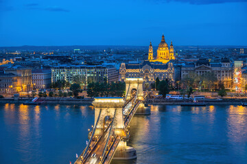 Fototapeta na wymiar Budapest Hungary, night city skyline at Danube River with Chain Bridge and St. Stephen's Basilica