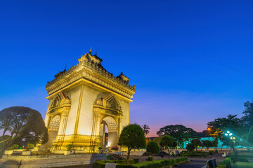 Fototapeta na wymiar Vientiane Laos, night city skyline at Patuxai (Patuxay) the most famous landmark in Vientiane
