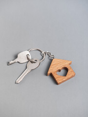 Keys to a new house. Gray background. Buying a property. Credit. Mortgage. Vertical photo.