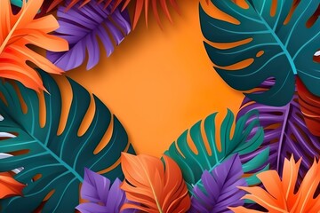 Colorful Tropical Leaves Border: Bright yellow background with copy space. Generative AI.