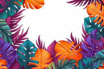 Fototapeta na wymiar Colorful Tropical Leaves Border: White background with copy space. Generative AI.