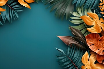 Tropical Leaves Flat Lay: Blue background with copy space. Generative AI.