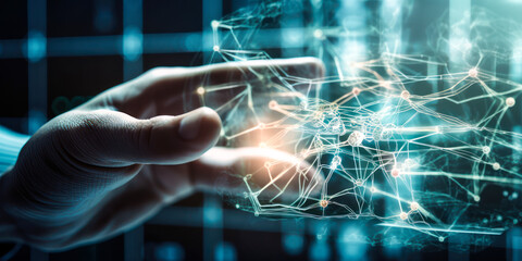 Man's hand manipulating a virtual neural network in an advanced neuroscience lab, perfect for captivating visuals and evoking emotion. Generative AI