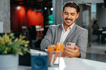 Businessman in formal wear using his smartphone while sitting at the working table