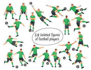 Vector isolated figures of football players and goalkeepers team in green equipment in various poses and motion training and playing