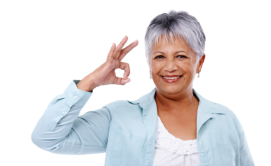Senior woman, ok and sign with hand for satisfaction, agreement or like on transparent, isolated or png background. Okay, elderly person and body language with hands, gesture for positive feedback