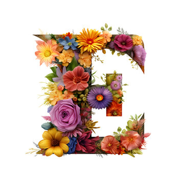 flower letter E made from colorful flower, generative ai generated