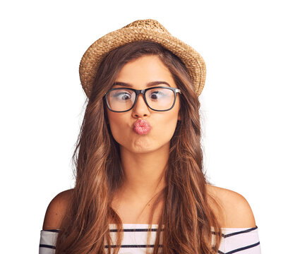 Silly, goofy and young woman with a funny face with accessories and a comic expression. Crazy, comedy and beautiful hipster female model with glasses and hat isolated by a transparent png background.