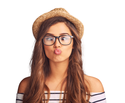 Silly, goofy and young woman with a funny face with accessories and a comic expression. Crazy, comedy and beautiful hipster female model with glasses and hat isolated by a transparent png background.