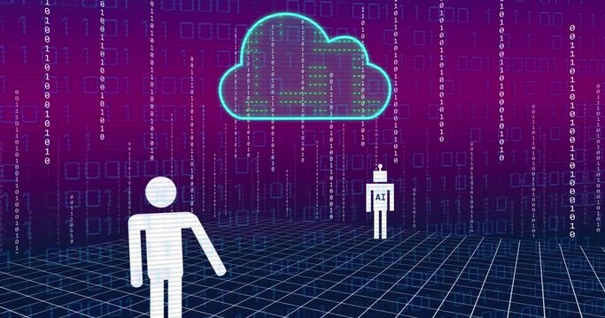 Animation of ai data processing and icon over cloud and binary coding