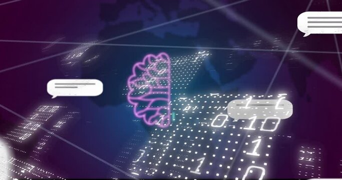 Animation of ai data processing and icons over globe and binary coding