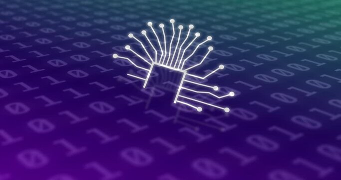 Animation of ai data processing and icon over binary coding