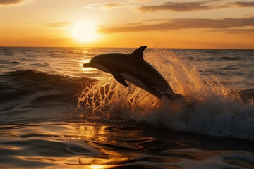 Fototapeta premium Portrait of a beautiful dolphin jumping on the waves in sunrise or sunset time. Clear blue ocean water. Holiday, leisure activities for travellers, nature attractions of south countries. Generative AI