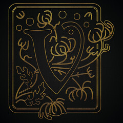 Golden Elegant decorative capital letters alphabet text "V" Design.