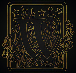 Golden Elegant decorative capital letters alphabet text "W" Design.